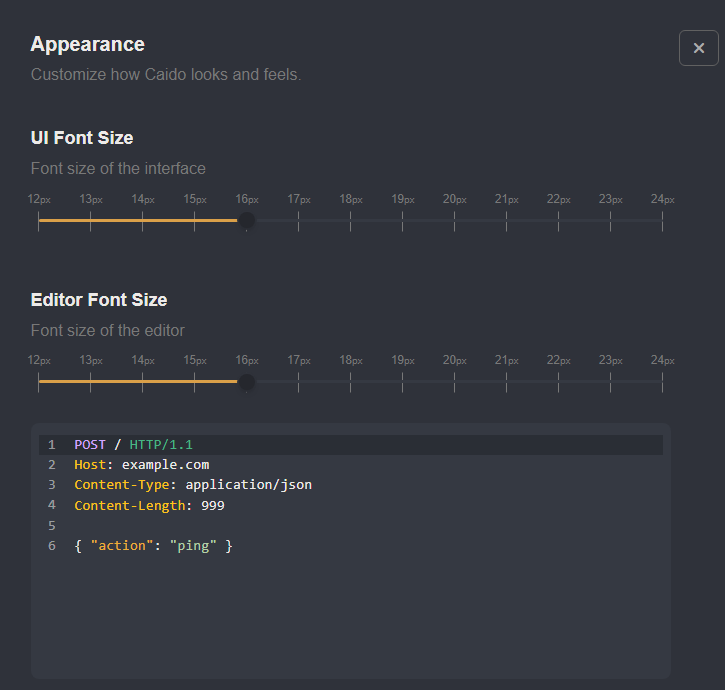 Font size settings.